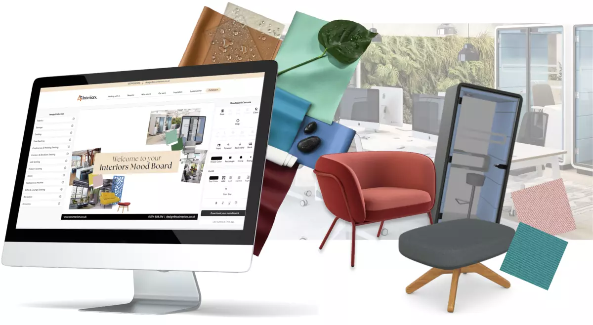 Mockup image of the mood board designer tool being used on a computer, with images of furniture and colour swatches around it.